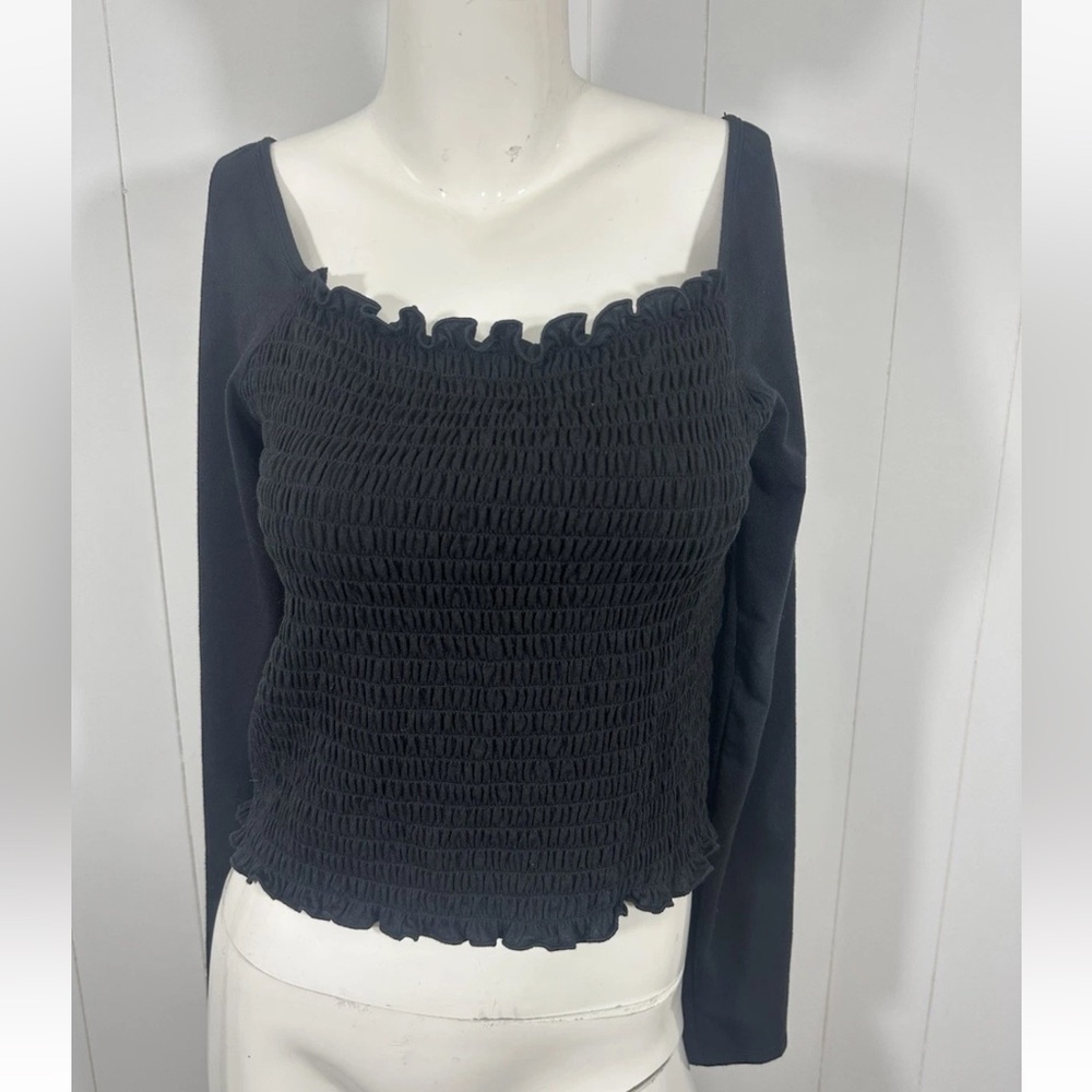 NWT Love Fire Blouse Womens Sz XL Juniors Black Smocked Long Sleeve Top Shirt